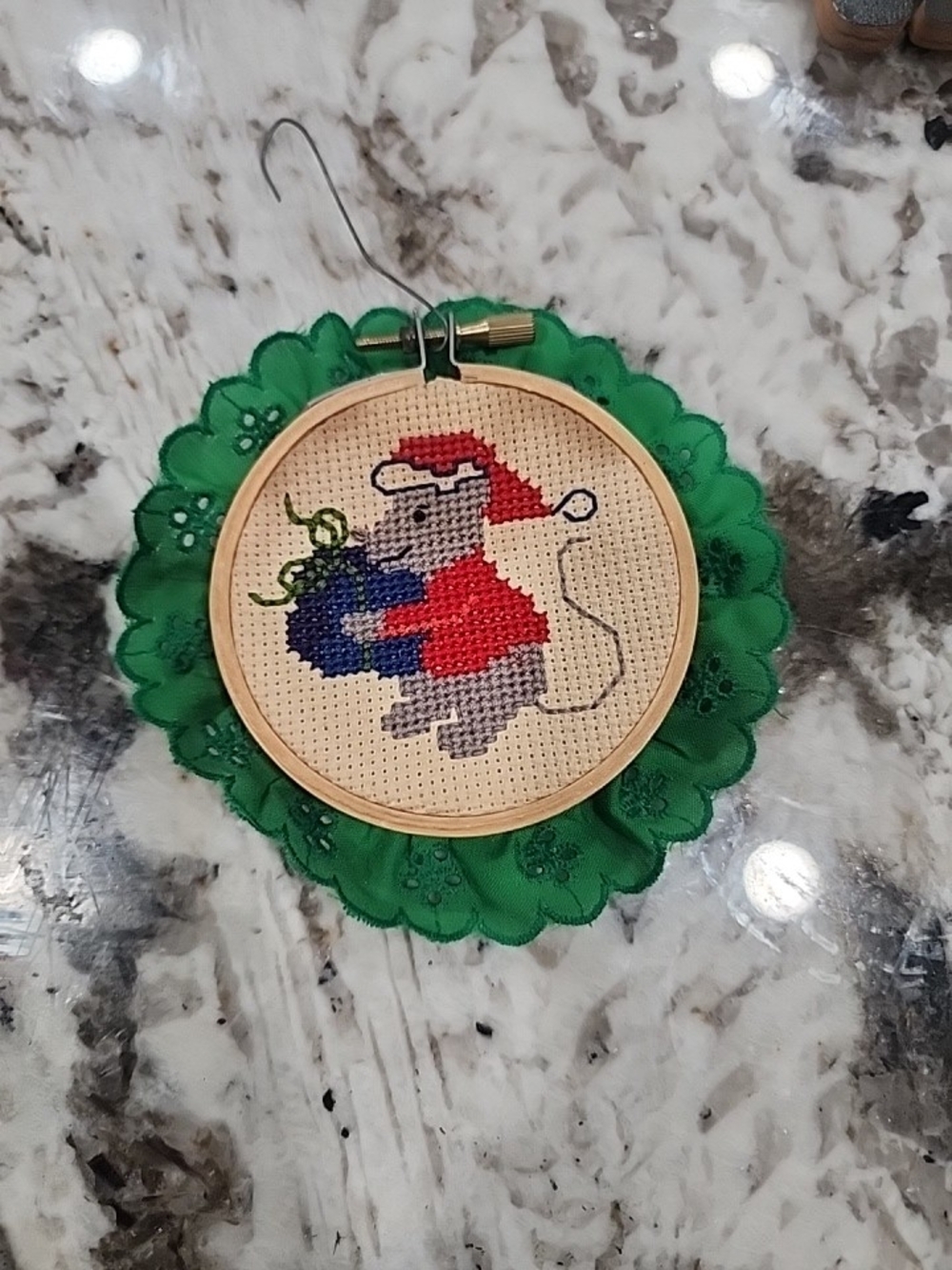 Vintage Handmade Cross Stitch Holiday Mouse Ornament - Red & Green